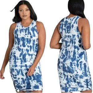 Peach Women's Size Medium Yumi Tye Dye Bodycon Ruching Stretch White Midi Dress